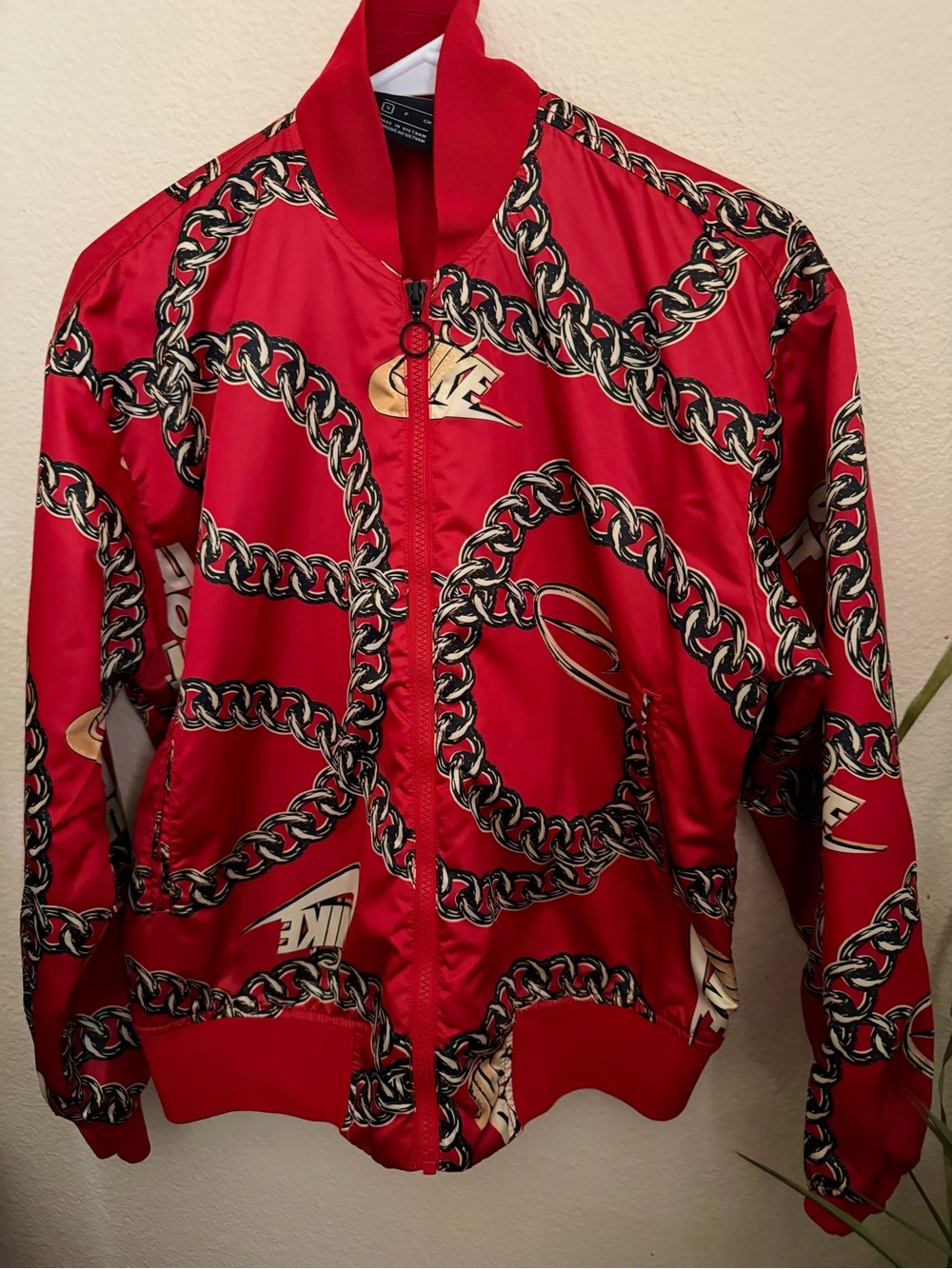 Nike Red Chain-Print Varsity Bomber Jacket
